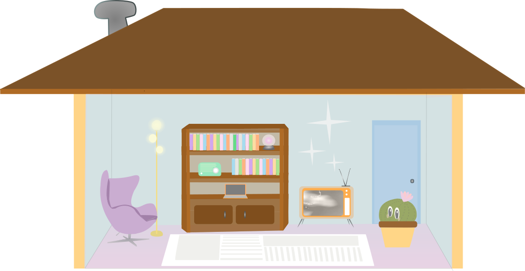 Cartoon cactus standing in living room with bookshelf, chair, tv, radio, and laptop