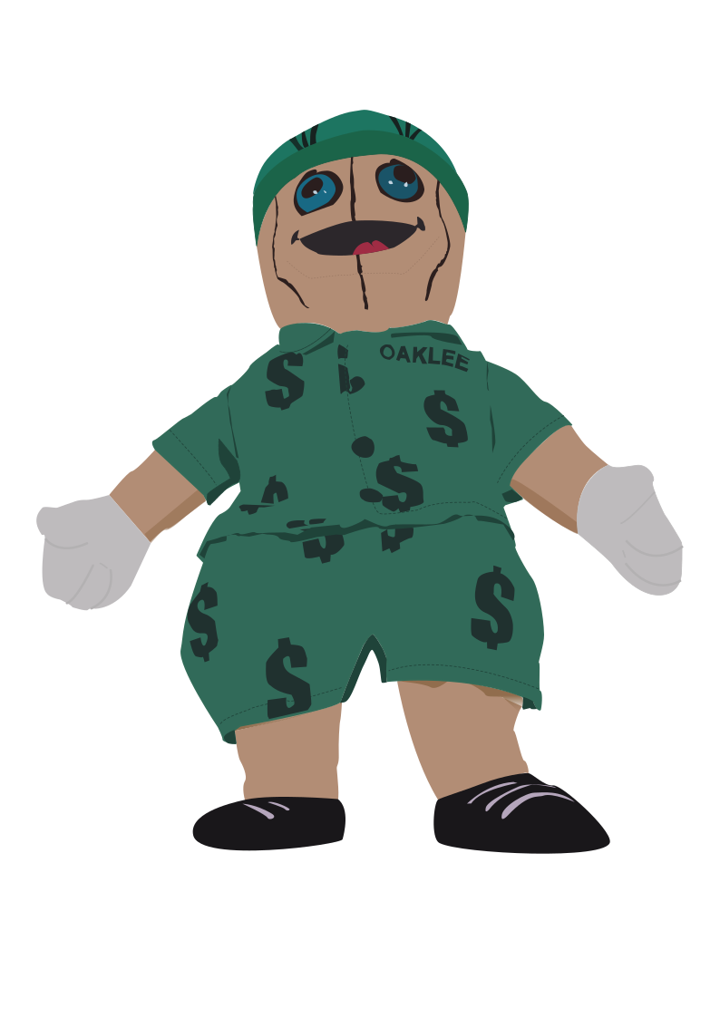 Acorn man abomination in green suit covered in dollar signs